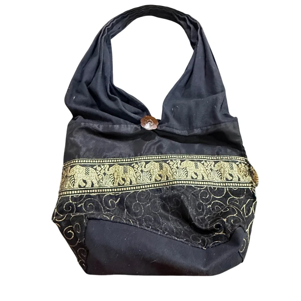 Black Gold Elephant Embroidered Boho Hobo Shoulder Bag‎ Coconut Button